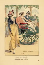 Pareja de moda conduciendo un carruaje de whisky de un solo caballo en Longchamps, París, Año V