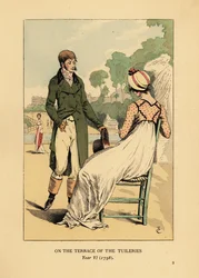 Pareja de moda en la terraza de las Tullerías, París, Año VI
