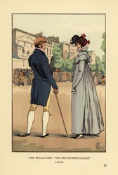 Pareja de moda en el Boulevard du Temple, París. El Boulevard des Petits Spectacles