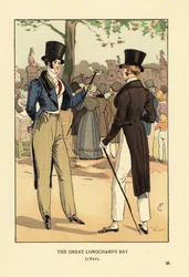 Caballeros elegantes con sombrero de copa y colas con bastones. En un gran día de carreras en el hipódromo de Longchamp. Multitudes de personas elegantes y carruajes. El Gran Día de Longchamps