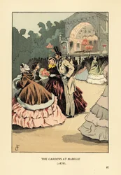 Gente de moda en el baile al aire libre, Bal Mabille. Mujeres con crinolinas anchas y capas de piel, hombre con sombrero de copa, chaqueta y pantalones a rayas. El baile nocturno en el Jardin Mabille, Avenue Montaigne, se celebró de 1844 a 1875