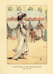 Mujer de moda llegando a una cita en el Café des Tuileries, París, Año VI