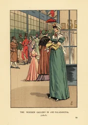 Mujer elegante comprando en la Galería de Madera en el Palais Royal, París