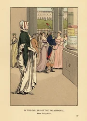Mujer de moda paseando por la galería del Palais Royal, París, Año VIII