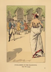 Mujer de moda con un grupo de especuladores o agioteurs, París. Un soldado revolucionario con una pierna hace guardia. Especulación en el Palais Royal, Año VII