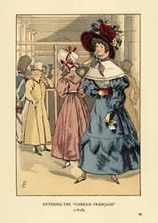 Mujeres de moda en una obra de teatro, París. Mujer con gran sombrero con cintas, vestido con cuello alto, capa de encaje o pelerina y mangas abullonadas en beret. Entrando en la Comédie Française