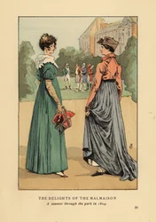 Mujeres de moda disfrutando de las delicias del Chateau de Malmaison. Un paseo por el parque en 1804. Litografía coloreada a mano por R.V. después de una ilustración de Francois Courboin de La moda en París de Octave Uzanne, William Heinemann, Londres