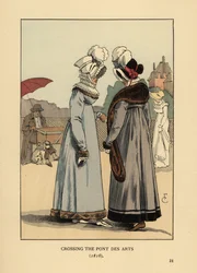 Mujeres de moda con sombreros de plumas, cuellos de encaje y vestidos con ribetes de piel. Cruzando el Pont des Arts, París