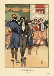 Petimetres con abrigo con colas, chaleco, pantalones ajustados y medias blancas. Personas con disfraces y máscaras detrás de ellos. En el Baile de la Ópera 1835. Litografía coloreada a mano por R.V. después de una ilustración de François Courboin del libro