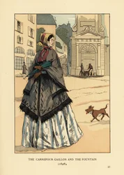 Mujer frente a la fuente en Place Gaillon, París. Lleva un chal de cachemira con agujeros para los brazos llamado la visite sobre su crinolina. El carrefour Gaillon y la fuente