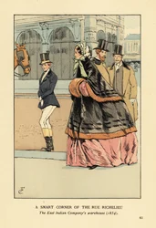 Mujer con capa forrada de piel y manguito sobre una crinolina ancha, con otra mujer en ropa de montar. Una esquina elegante de la rue de Richelieu, el almacén de la Compañía de las Indias Orientales, París