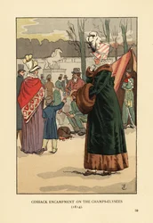 Mujer con abrigo forrado de piel y manguito de piel visitando el bivouac cosaco tártaro y kalmuk en París después de la caída de Napoleón. Campamento cosaco en los Campos Elíseos