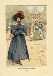 Mujer paseando con su mejor atuendo en el parque. Lleva un sombrero de ala ancha, vestido con mangas abullonadas, botas hasta el tobillo y lleva un parasol. Domingo en el Jardín de las Tullerías