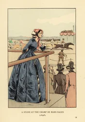 Mujer viendo la carrera de caballos en el hipódromo de Champ de Mars. Lleva un sombrero y un redingote azul sobre un vestido de crinolina. Hombres con sombrero de copa y frac. Una tribuna en las carreras de Champ de Mars