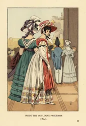 Mujeres viendo el gran paisaje urbano dentro del Panorama de Boulogne, Boulevard Montmartre, París