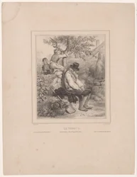 Dos niños recogen manzanas de un granjero dormido Le verger (título sobre objeto)