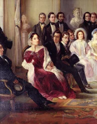François Andrieux (1759-1833) Leyendo su Tragedia Junius Brutus en el Foyer de la Comédie Française, 26 de mayo de 1828, 1847 (detalle)