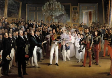 Revolución de 1830: La Cámara de Diputados presenta al Duque de Orleans, Luis Felipe I, el acta que lo llama al trono y la Carta de 1830, en el Palacio Real, el 7/08/1830 (detalle)
