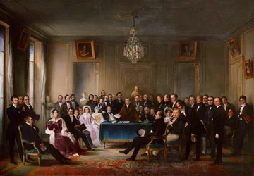 François-Guillaume Andrieux leyendo su tragedia Junius Brutus en el vestíbulo, 26 de mayo de 1828, c. 1847