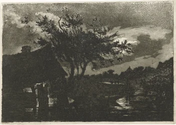 paisaje de río con granja