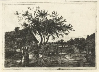 paisaje de río con granja