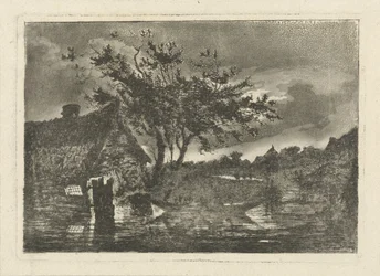 paisaje de río con granja