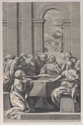 La última cena, el interior de un edificio clásico con Cristo y sus apóstoles sentados, 1660-81