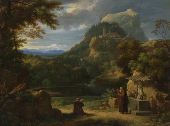 San Antonio de Padua presentando a dos novicios a los frailes en un paisaje montañoso