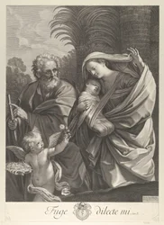 La huida a Egipto, la Sagrada Familia caminando junta, San José señalando, ca. 1648-81