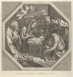 La adoración de los pastores que se arrodillan juntos a la derecha ante el niño Cristo..., ca. 1655-93
