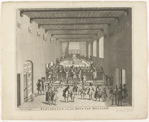 Corte de Holanda en sesión, hacia 1700 Pleitrolle van den Hove de Holanda (título sobre objeto)