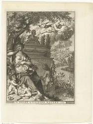 Muse y putti se sientan en la tumba del poeta Arnold Moonen Página de título para: Arnold Moonen, Continued der poëzye, Delft 1720 Continuación de A. Moonens Poezy (título sobre objeto)