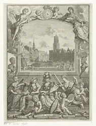 Cityscape con Dom Church en Utrecht y alegoría con Minerva y virtudes