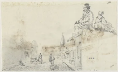 Bocetos de una calle y dos personas sentadas