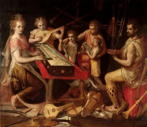 Personajes musicales vetus con el antiguo entorno de instrumentos musicales formando una alegoría.