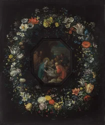 Guirnalda de flores con adoración de los pastores, c. 1625-1630