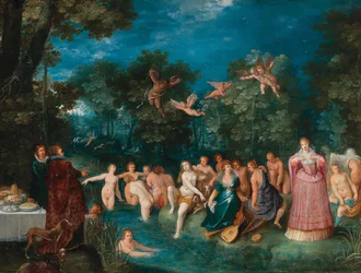 Diana y sus ninfas bañándose, con una cacería de ciervos en el fondo, ca. 1606