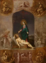 Piedad rodeada de grisailles de los Cuatro Evangelistas y escenas del Antiguo Testamento