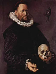 Retrato de un hombre con una calavera en la mano