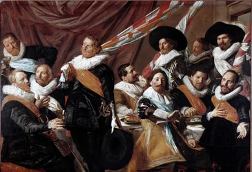 El Banquete de los Oficiales del Cuerpo de Arqueros de San Jorge de Haarlem. Pintura de Franz Hals (ca. 1580-1666) 1627 Dim. 179 x 257.5 cm Haarlem, Museo Frans Hals, Holanda