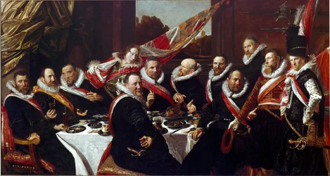 El banquete de los oficiales del cuerpo de arqueros de San Jorge de Haarlem. Pintura de Franz Hals (ca. 1580-1666), 1616. Sun. 170 x 120 cm. Haarlem, Museo Frans Hals, Holanda