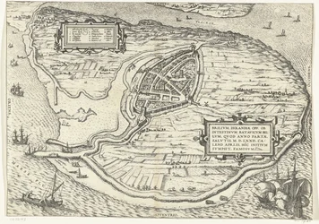 Kaart van het eiland Voorne en plattegrond van Brielle, 1572 Brillium, Holanda opp. a causa de la guerra holandesa interna, que en el año de la victoria de la Salvación 72 d.C. en el calor de abril, comenzó aquí, famoso (título sobre objeto)