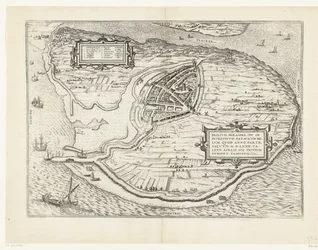 Kaart van het eiland Voorne en plattegrond van Brielle, 1572 Brillium, Holanda opp. a causa de la guerra holandesa interna, que en el año de la victoria de la Salvación 72 d.C. en el calor de abril, comenzó aquí, famoso (título sobre objeto)
