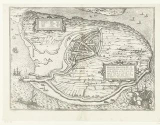 Kaart van het eiland Voorne en plattegrond van Brielle, 1572 Brillium, Holanda opp. a causa de la guerra holandesa interna, que en el año de la victoria de la Salvación 72 d.C. en el calor de abril, comenzó aquí, famoso (título sobre objeto)