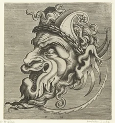 Máscara de perfil con dos cuernos de volutas y una corona de laurel Pourtraicture ingenieuse de plusieurs facons de masques… (título de la serie)