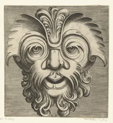 Máscara con barba y bigote con rizos, un mechón de rizos descansa sobre la raíz de la nariz Pourtraicture ingenieuse de plusieurs facons de masques… (título de la serie)
