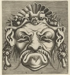 Máscara con dos serpientes asomadas por las cuencas de los ojos Pourtraicture ingenieuse de plusieurs facons de masques… (título de la serie)