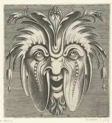 Máscara con mejillas caídas y racimos de bayas en el pelo
Pourtraicture ingenieuse de plusieurs facons de masques... (título de la serie)