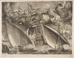 Dos galeras navegando detrás de un tres mástiles armado con Faetón y Júpiter en el cielo, 1561-65