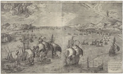 Zeeslag en de Straat van Messina Una delineación óptica de los sicilianos del mar y del faro di Messina (título sobre objeto)